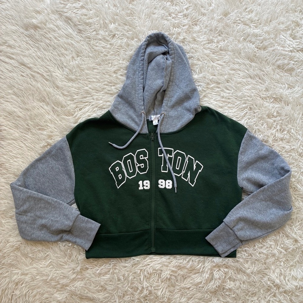 Orange Kiss Boston 1998 Cropped Zip Up Hoodie Green Grey Colorblock Medium
